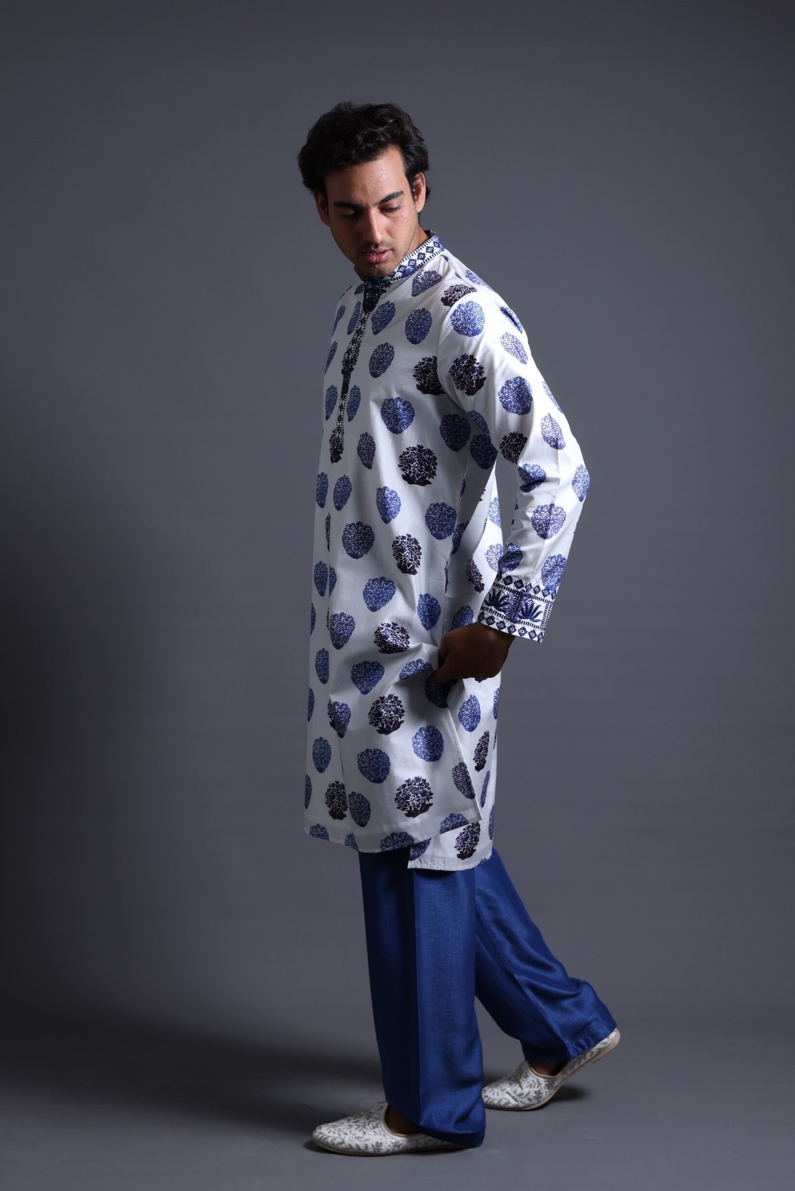 Hand Embroidered Buuti Print Kurta With Pyjama - Image 4