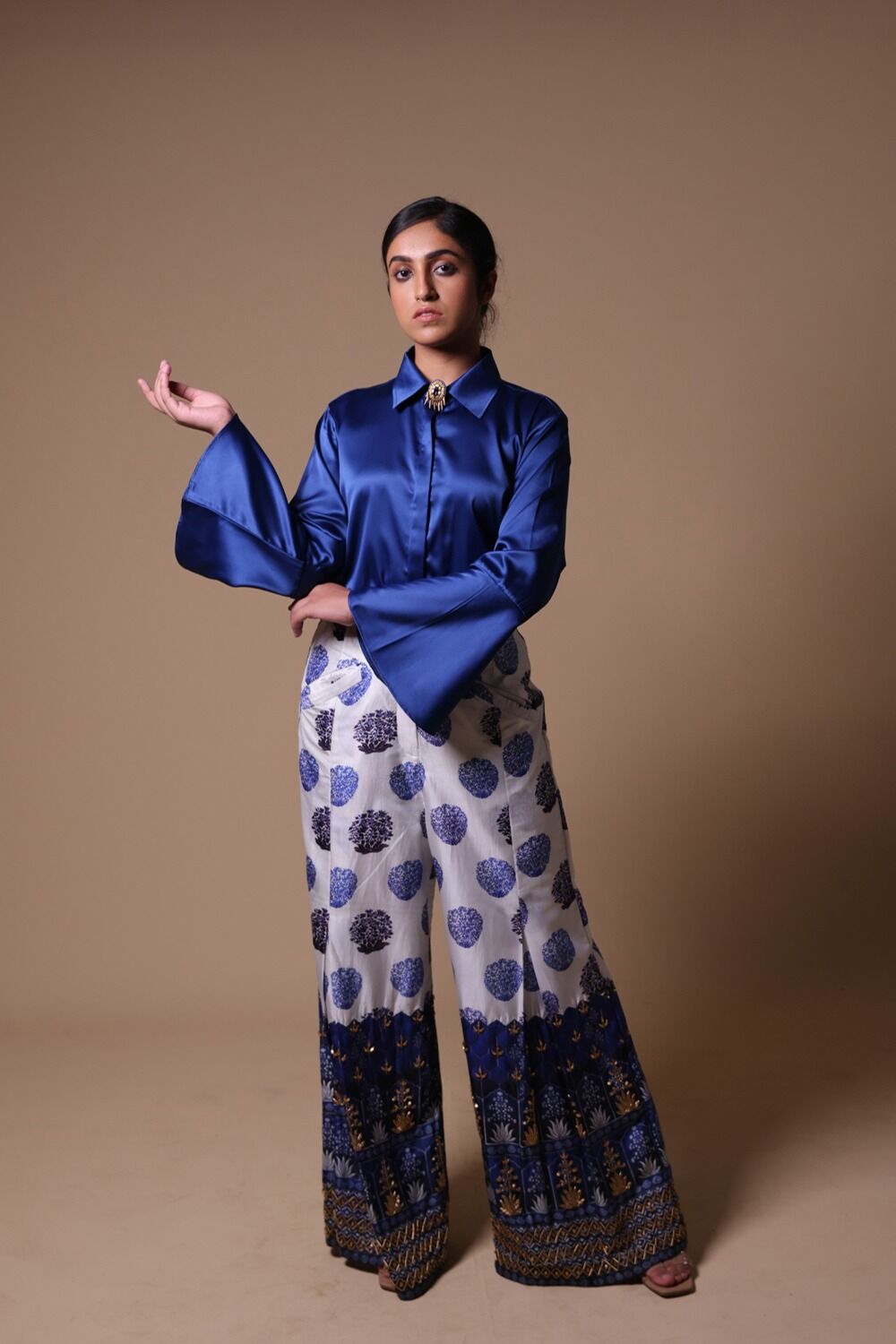 Hand Embroidered Flared Pants With Shirt - Image 5