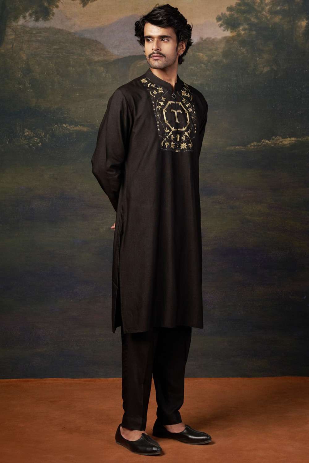 Hand-Embroidered Black Kurta Set - Image 2