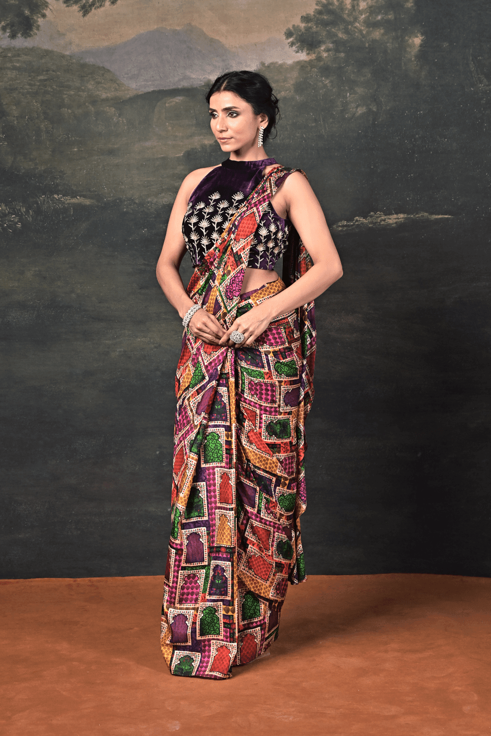 Hand-Embroidered Halter Neck Velvet Blouse with Pure Silk Jharokha Pre-Draped Saree - Image 3