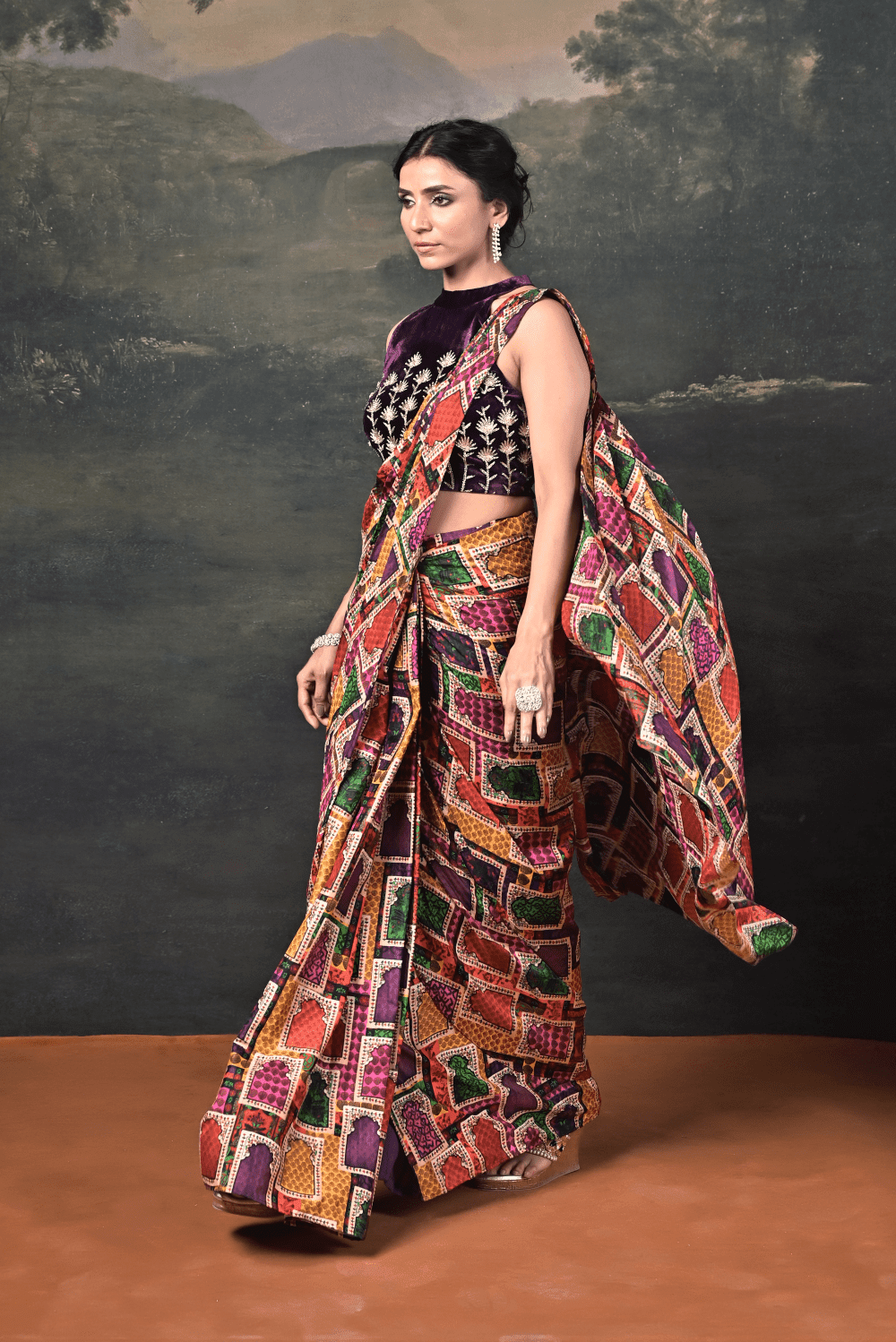Hand-Embroidered Halter Neck Velvet Blouse with Pure Silk Jharokha Pre-Draped Saree - Image 4