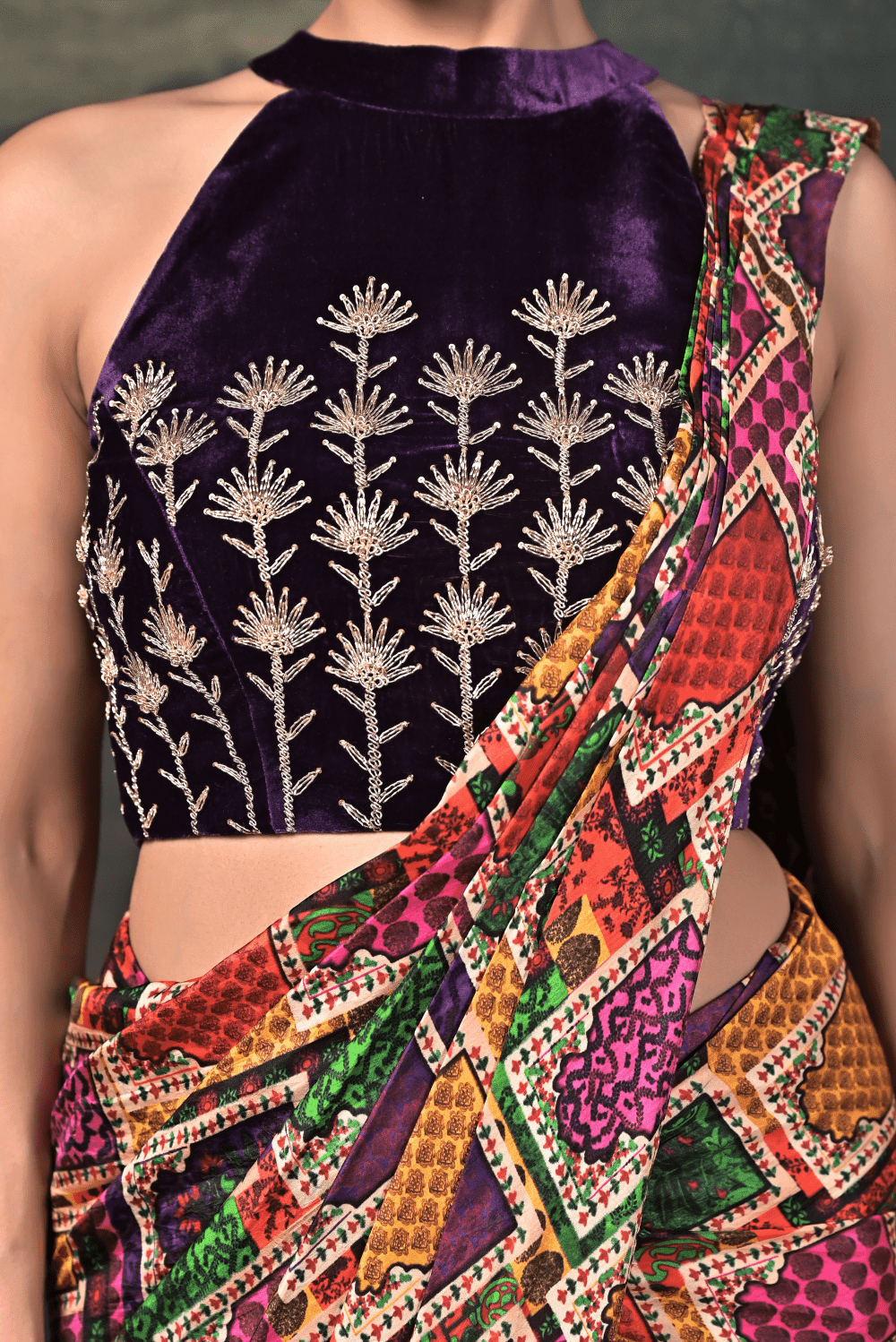 Hand-Embroidered Halter Neck Velvet Blouse with Pure Silk Jharokha Pre-Draped Saree - Image 5
