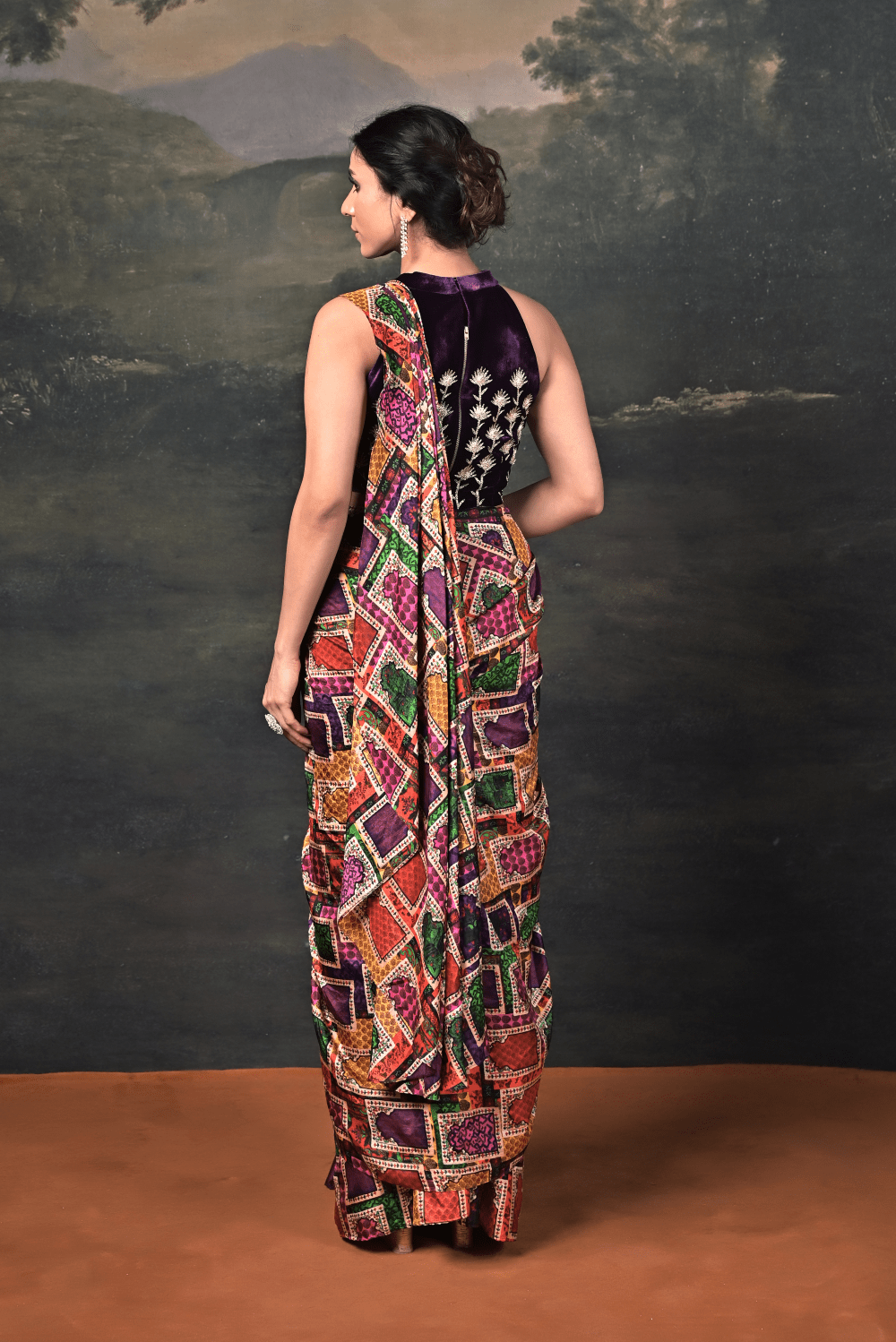 Hand-Embroidered Halter Neck Velvet Blouse with Pure Silk Jharokha Pre-Draped Saree - Image 7