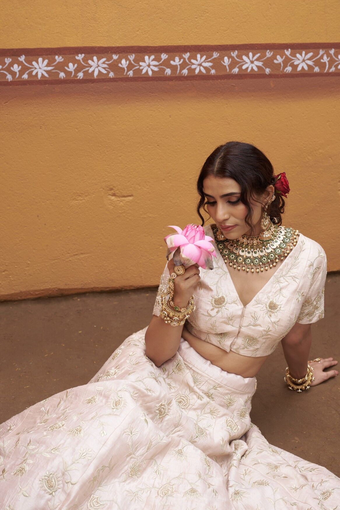 Ivory gold jaal work fully embroidered lehenga with blouse and dupatta - Image 10