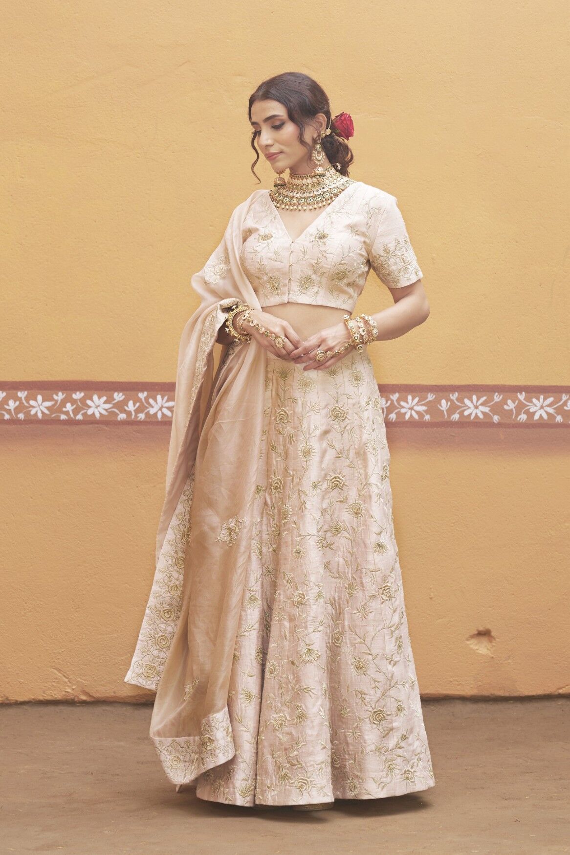 Ivory gold jaal work fully embroidered lehenga with blouse and dupatta - Image 8