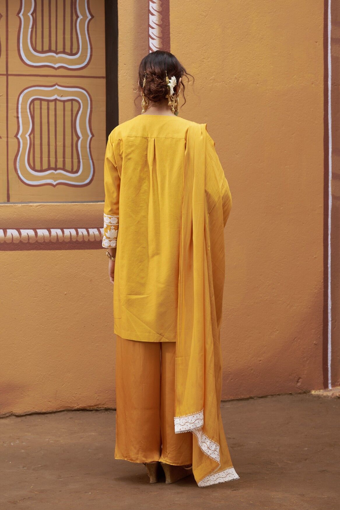 Lotus motif thread work golden yellow kurta set - Image 8