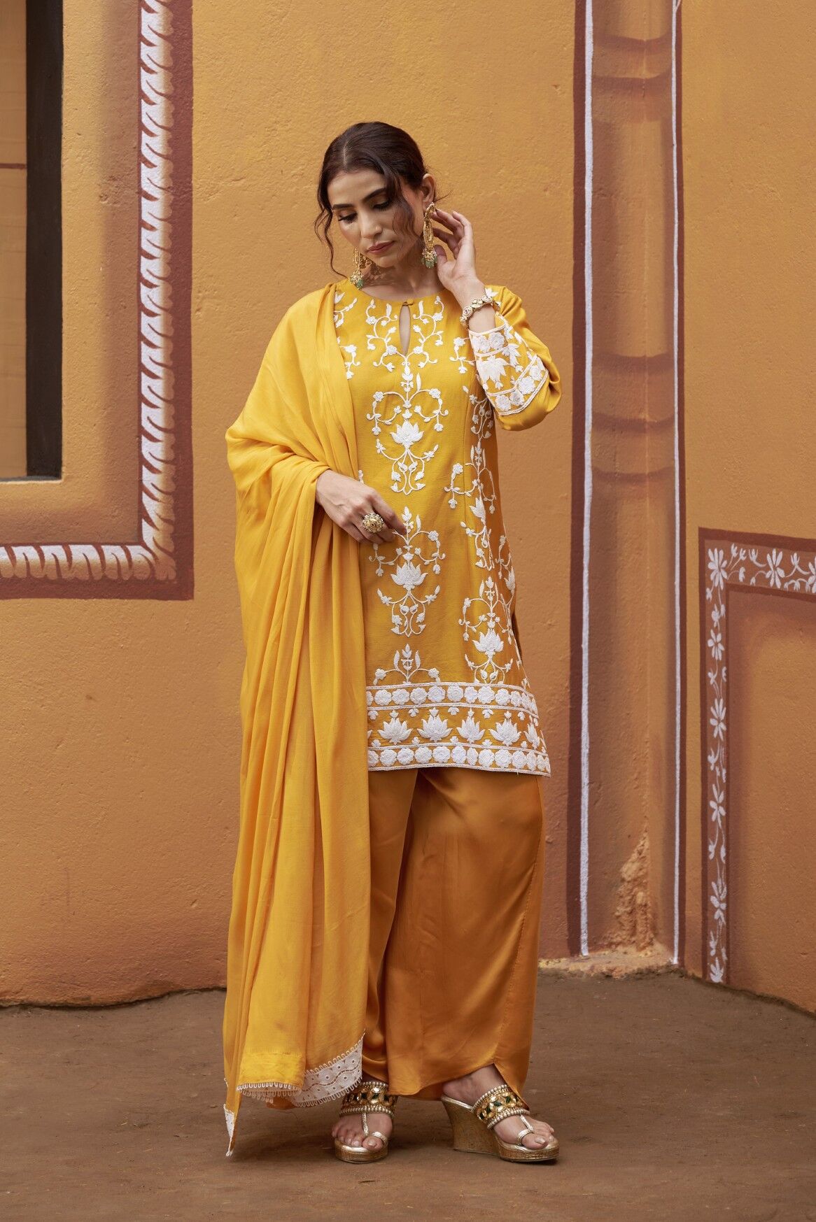Lotus motif thread work golden yellow kurta set