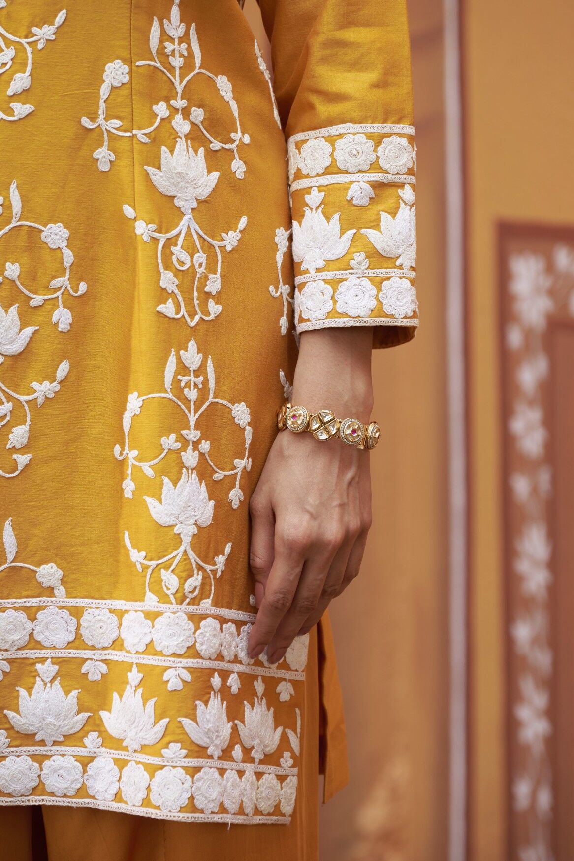 Lotus motif thread work golden yellow kurta set - Image 4