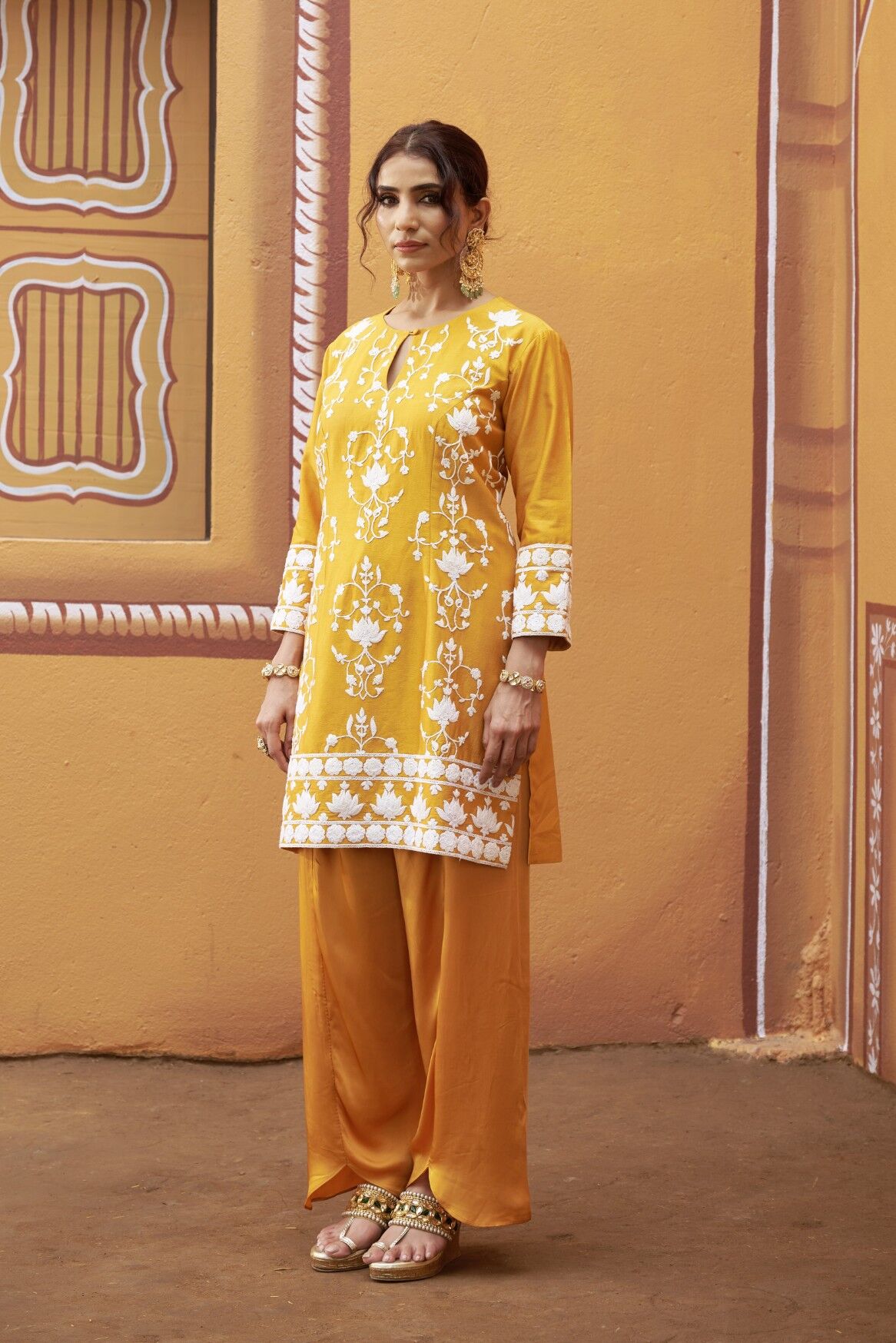 Lotus motif thread work golden yellow kurta set - Image 2