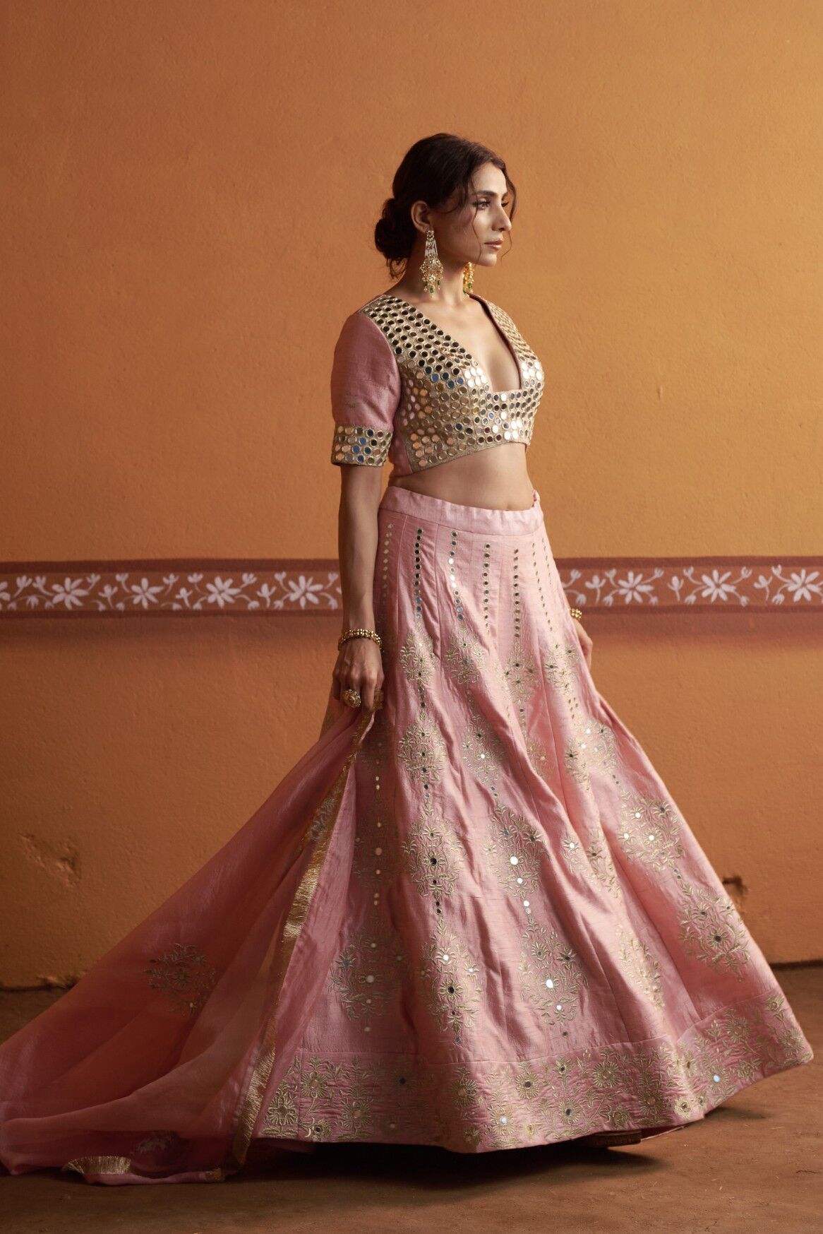 Kalidar blush pink hand embroidered lehenga with blouse and dupatta - Image 10