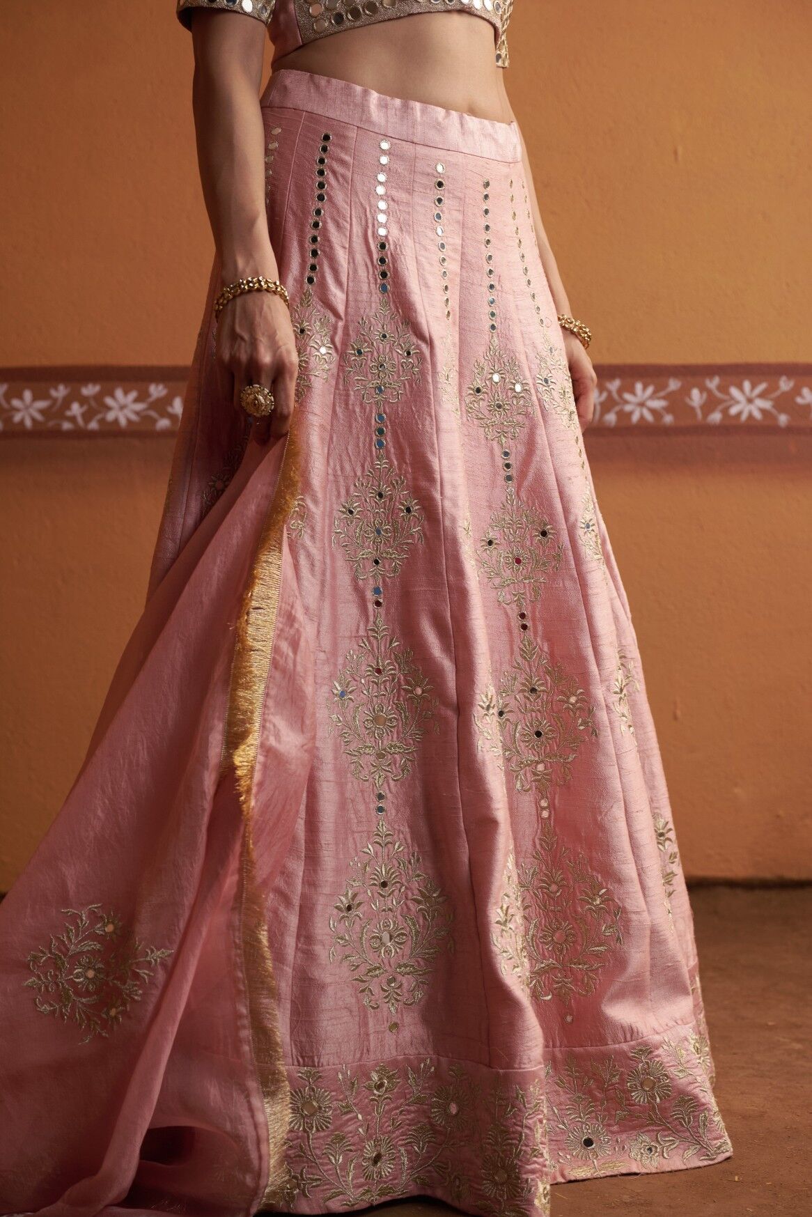 Kalidar blush pink hand embroidered lehenga with blouse and dupatta - Image 5