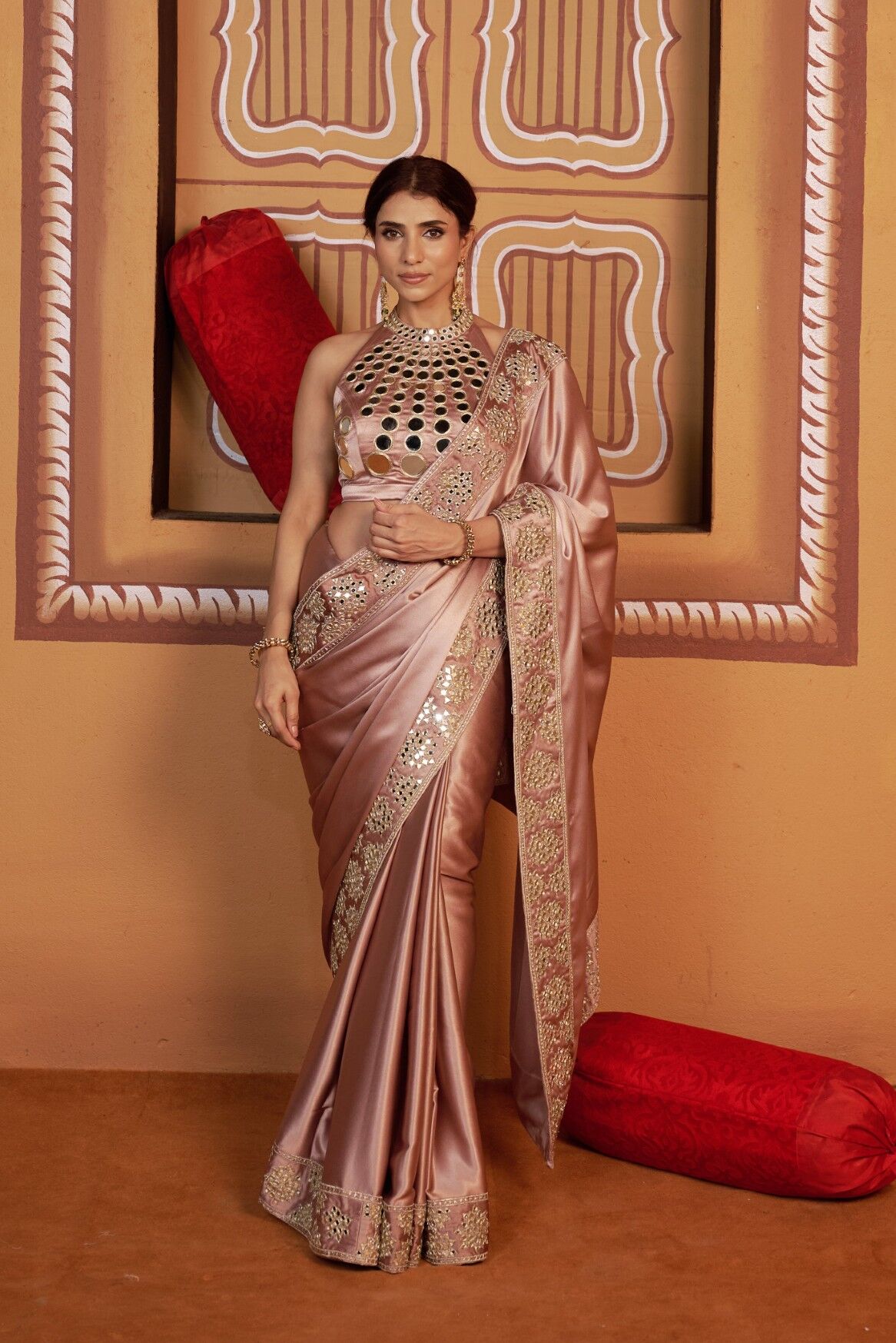 Sun ray hand embroidered blouse with mirror work border saree - Image 9