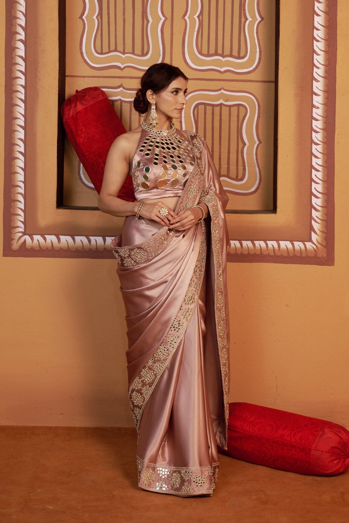 Sun ray hand embroidered blouse with mirror work border saree - Image 8